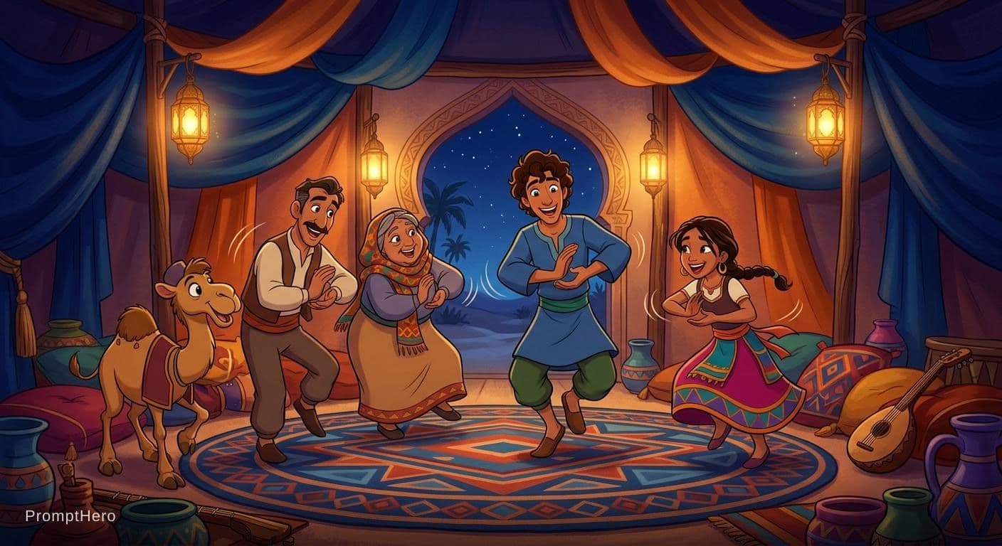 AI generated: This imag3, generat go dance the animation disney "Aram Sam Sam" 