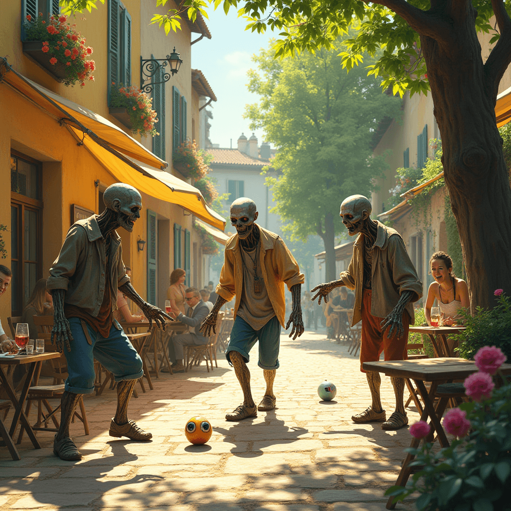 AI generated: A sunny Sunday afternoon in a picturesque French village square, bathed in warm golden light filteri...