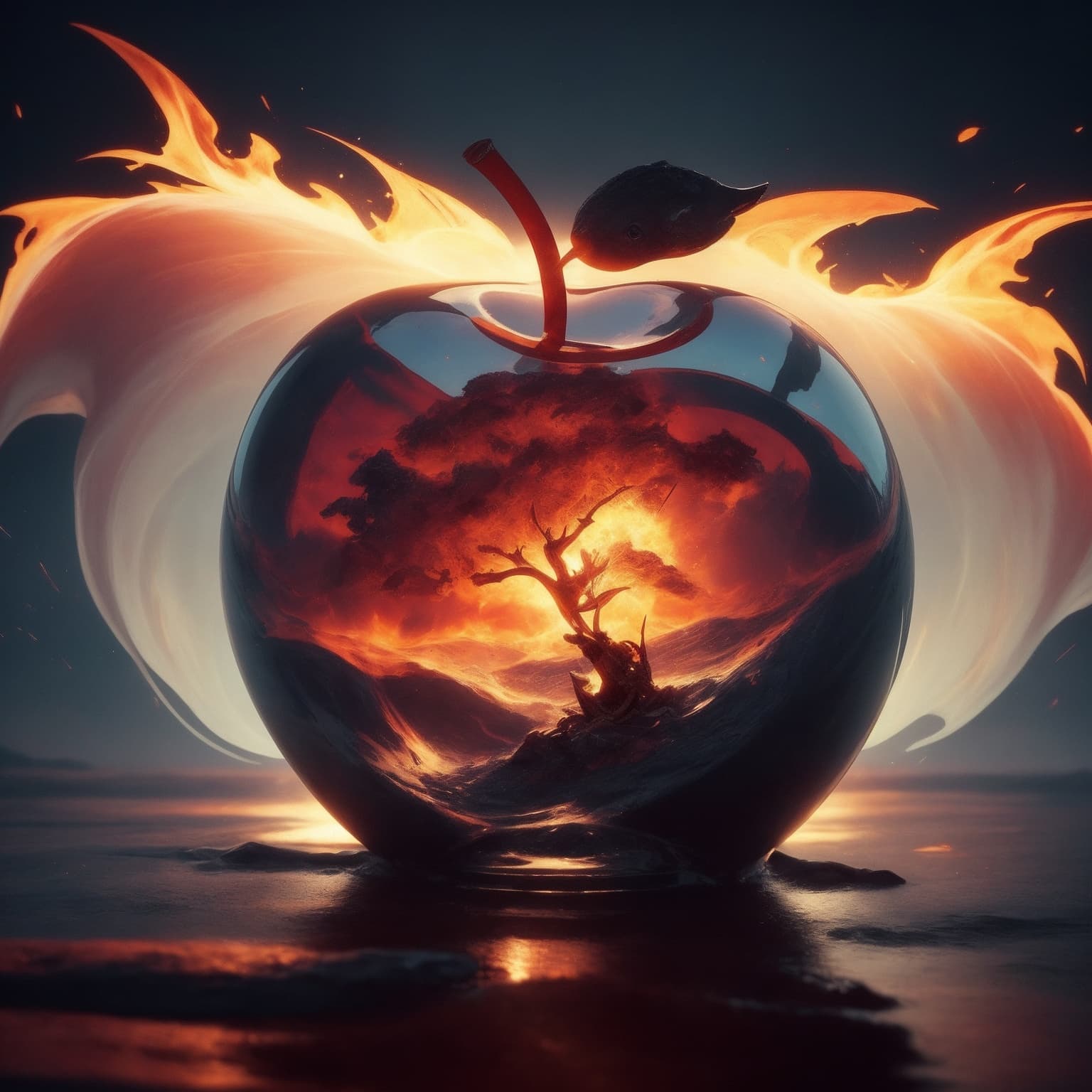 AI generated: Surreal image of an apple with a tree inside it. The apple is ablaze, and the tree is at the center ...