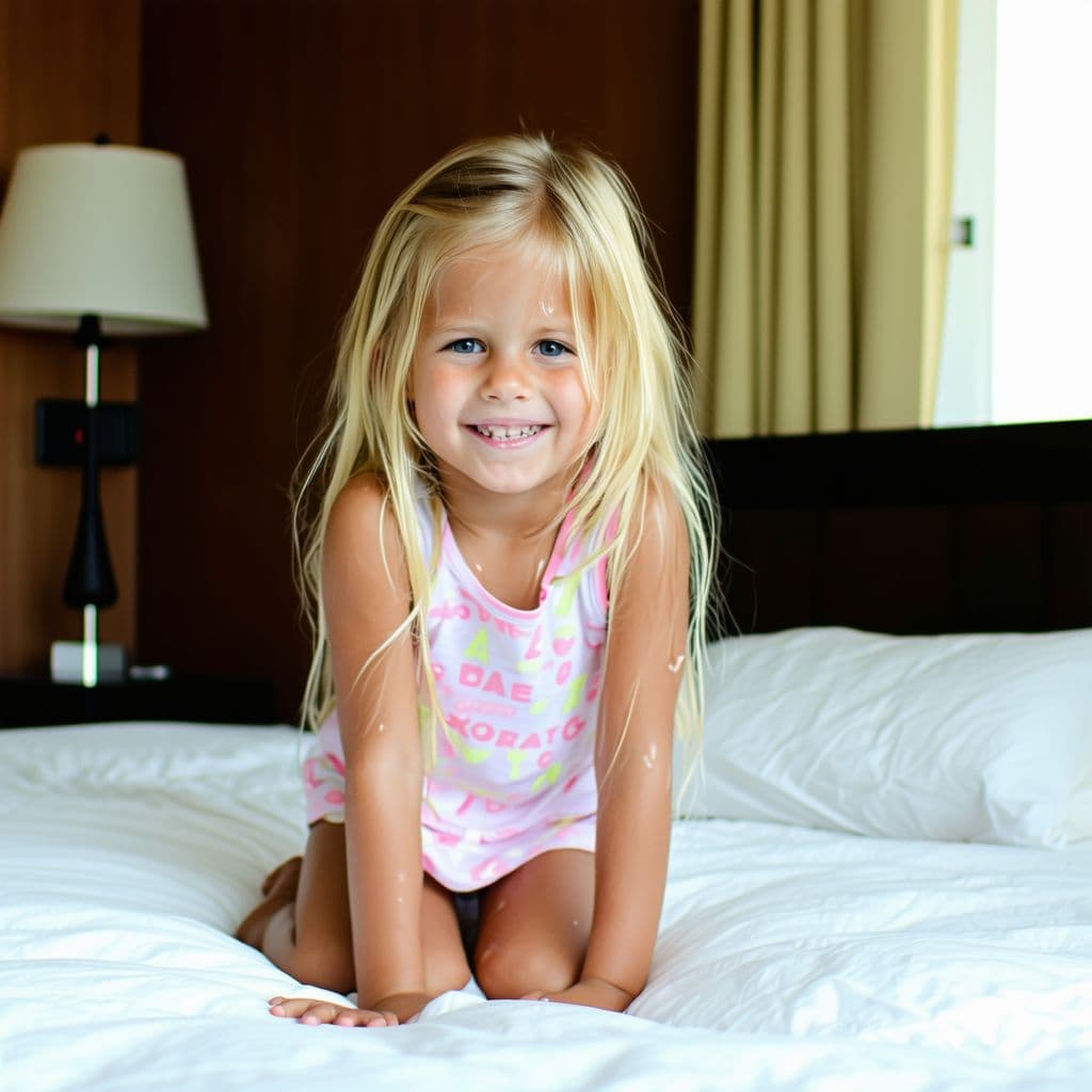 AI generated: cute 7 year old little girl on the bed, showing her legs, blonde, petite, tan, on her knees, beautif...