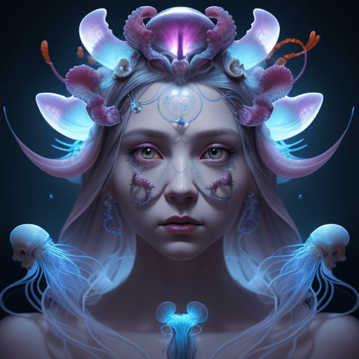 AI generated: Goddess close-up portrait ribcagel. jellyfish phoenix head, nautilus, orchid, skull, betta fish, bio...