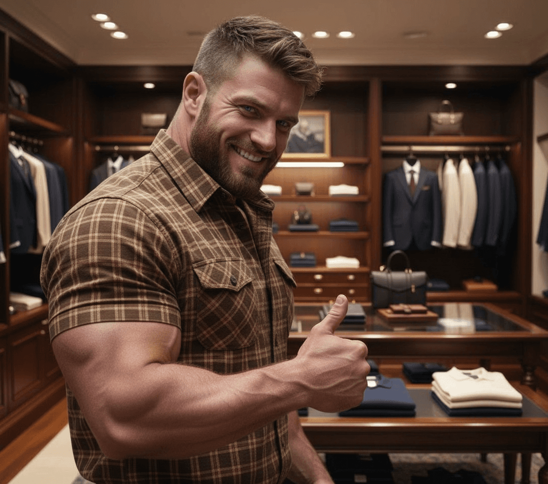 AI generated: At a very luxurious clothing store. 

The model is wearing a brown lumberjack shirt short sleeve. ...