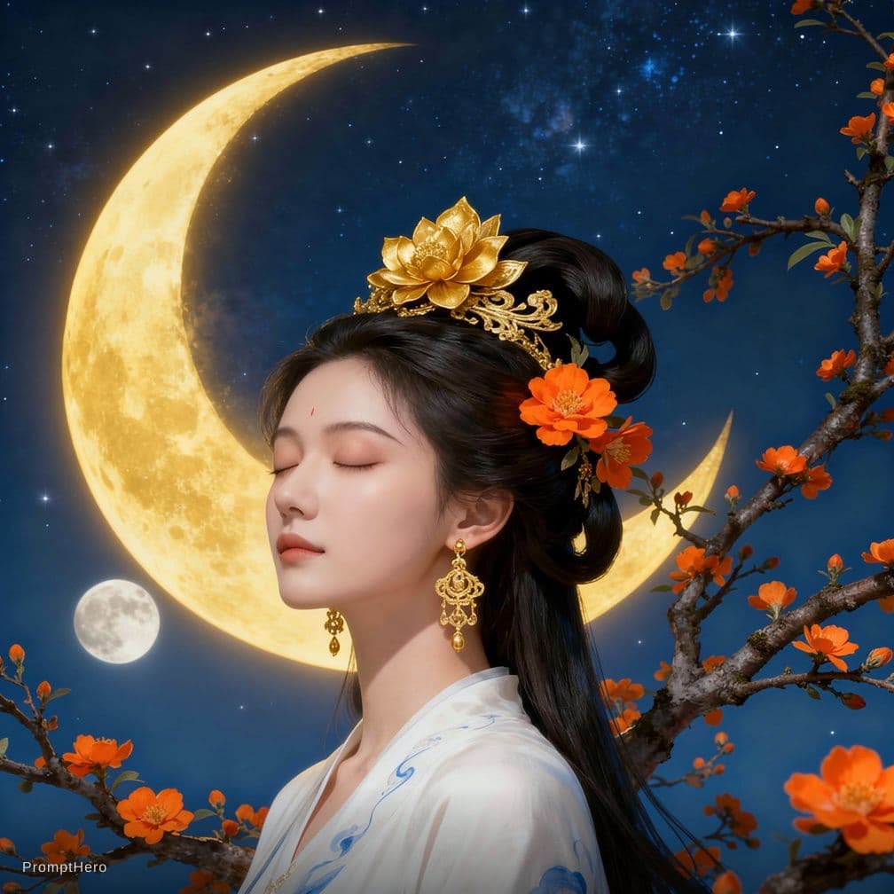 AI generated: Photorealistic artwork of a serene, celestial Asian-inspired woman with pale, porcelain skin and del...