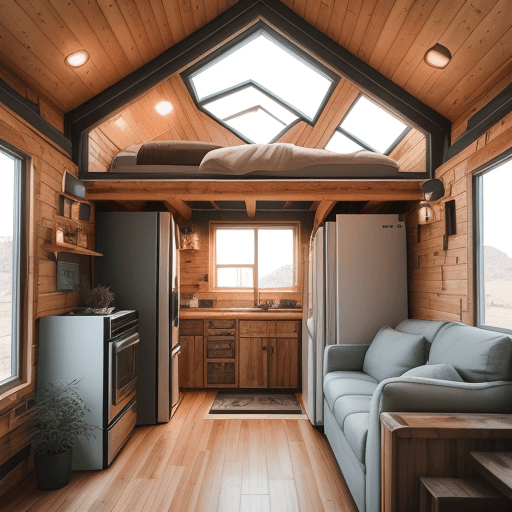 AI generated: square 20'x20' tiny home, appliances, solar powered, dreamy big windows, architecture, design magazi...