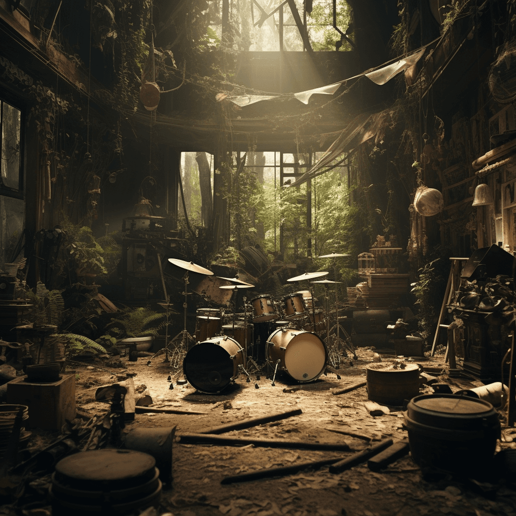 AI generated: lost place of an old music store with big dirty windows, moss and mushrooms on the floor and a tree ...