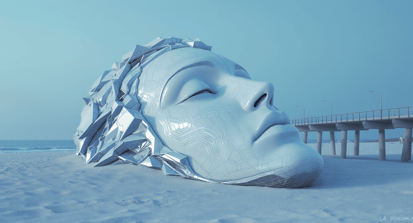 AI generated: In a surreal, futuristic landscape, a giant white androgynous face has hyper-realistic, raised layer...