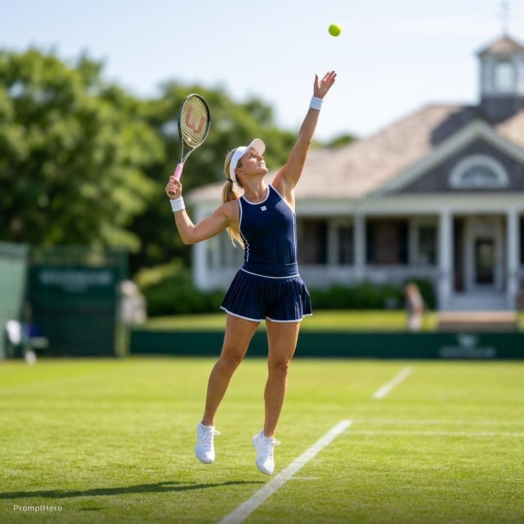 AI generated: 
A female tennis player leaps mid-air to execute a powerful serve on a pristine grass court at Westm...