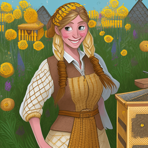 AI generated: western cartoon illustration of a cheerful female beekeeper, with flowing golden hair tied back in a...