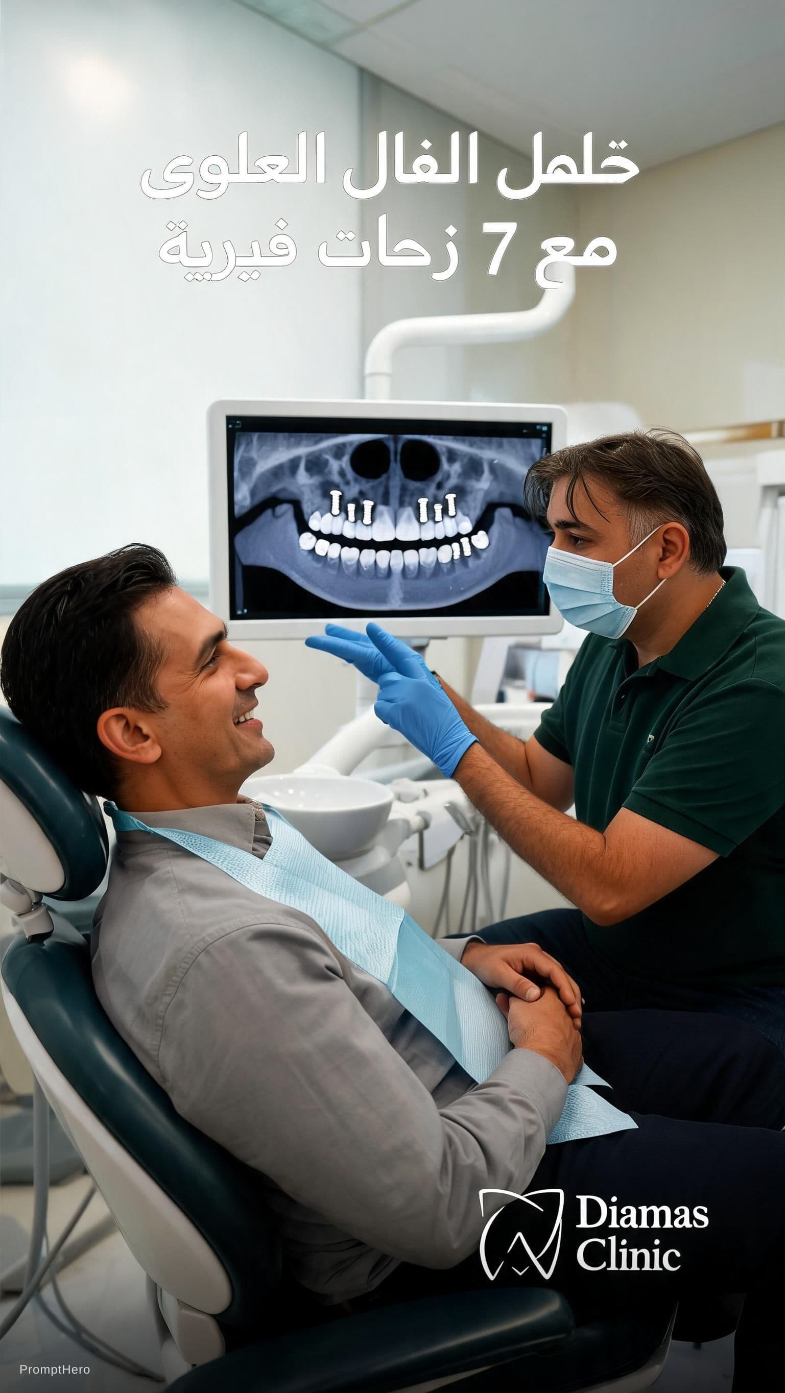 AI generated: Realistic vertical (9:16) professional dental clinic photo for TikTok, for Diamas Clinic. Authentic ...