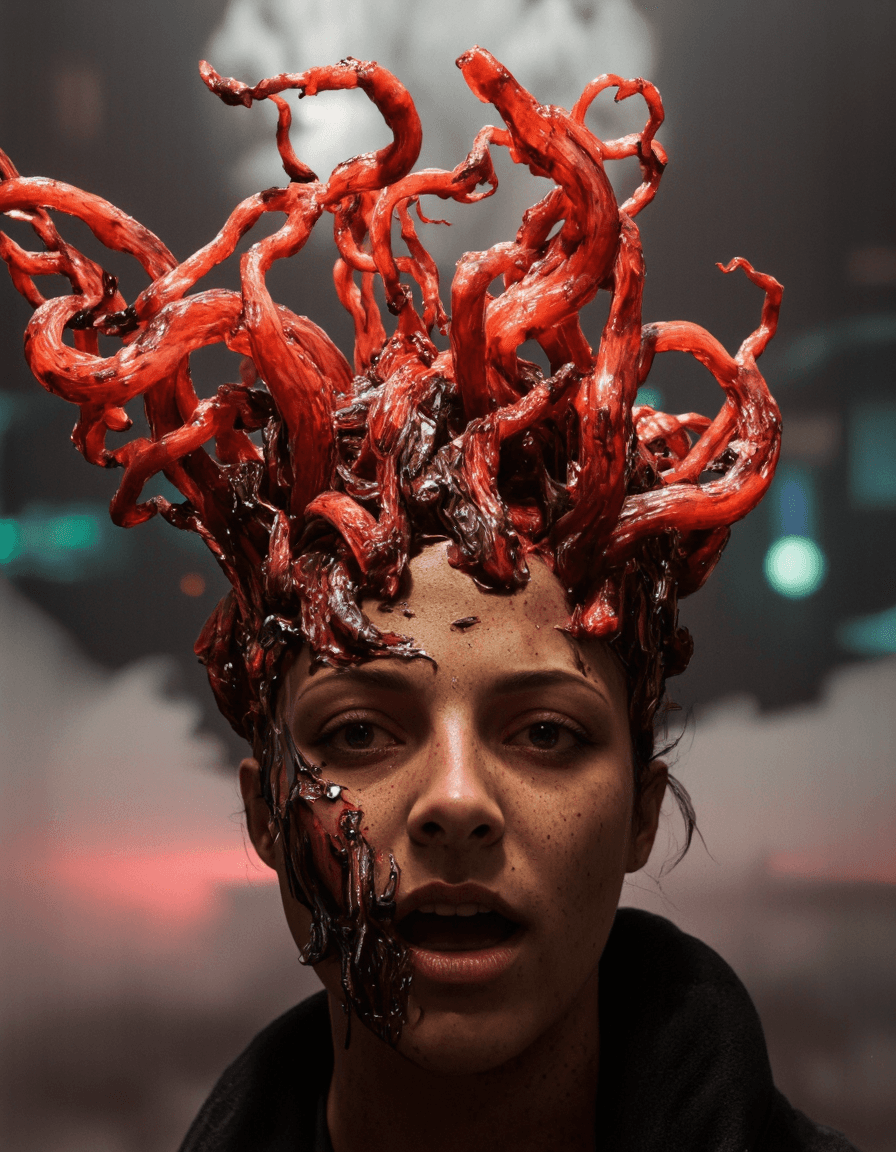 AI generated: elanai A nude woman with semi-organic, semi-mechanical tendrils erupting from her head, blending glo...