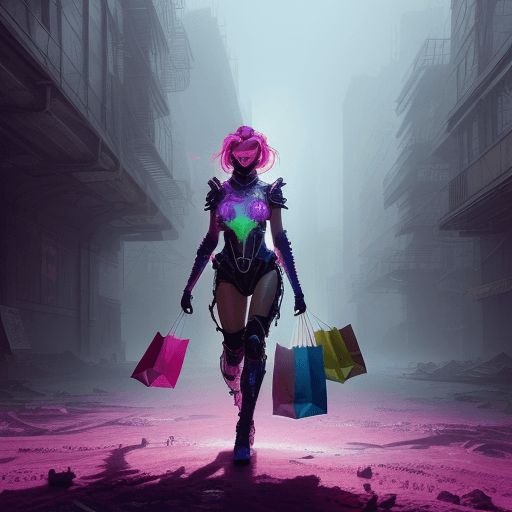 AI generated: A fashion model on a shopping spree, neon hues, dramatic lighting, vibrant colors, hyper-detailed, d...