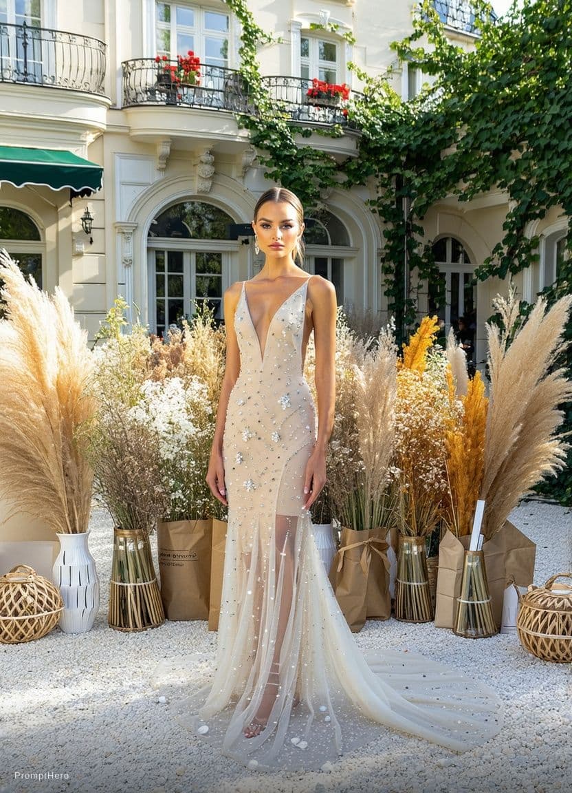 AI generated: replace background with luxury hotel rooom, strapless dress with plunging neck line.remove flowers f...