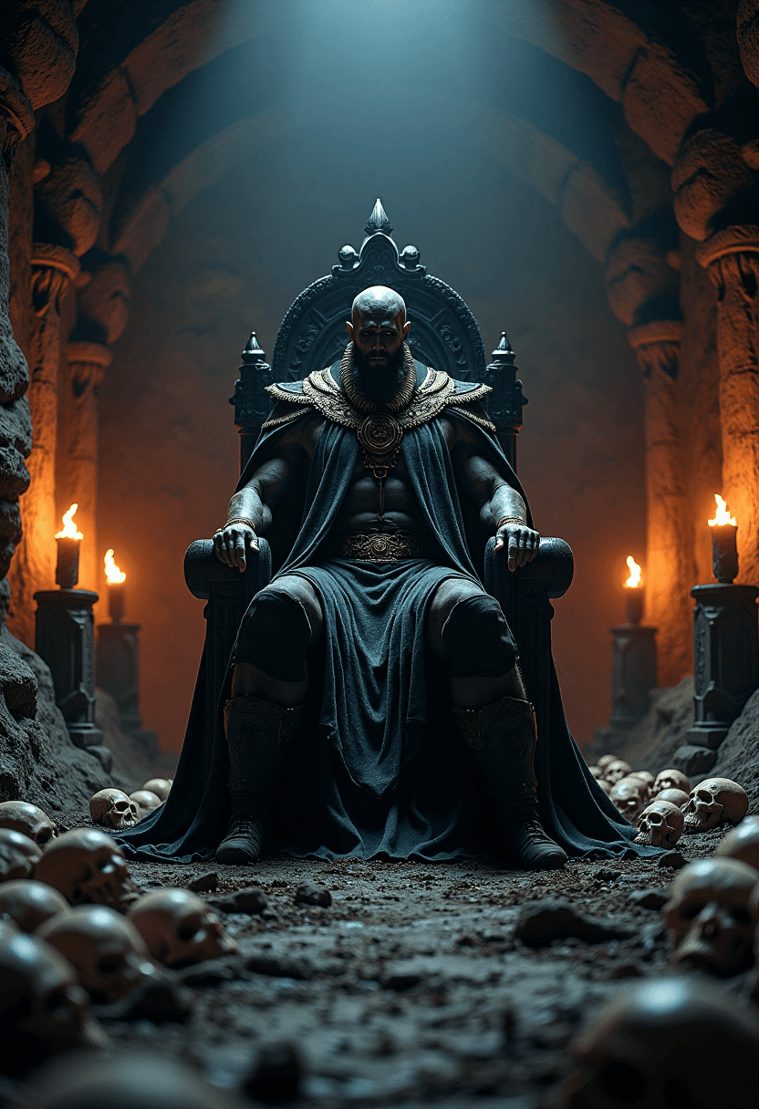 AI generated: Hades, king of the Underworld, sits on his coal-throne in a dark cave filled with the souls of the d...