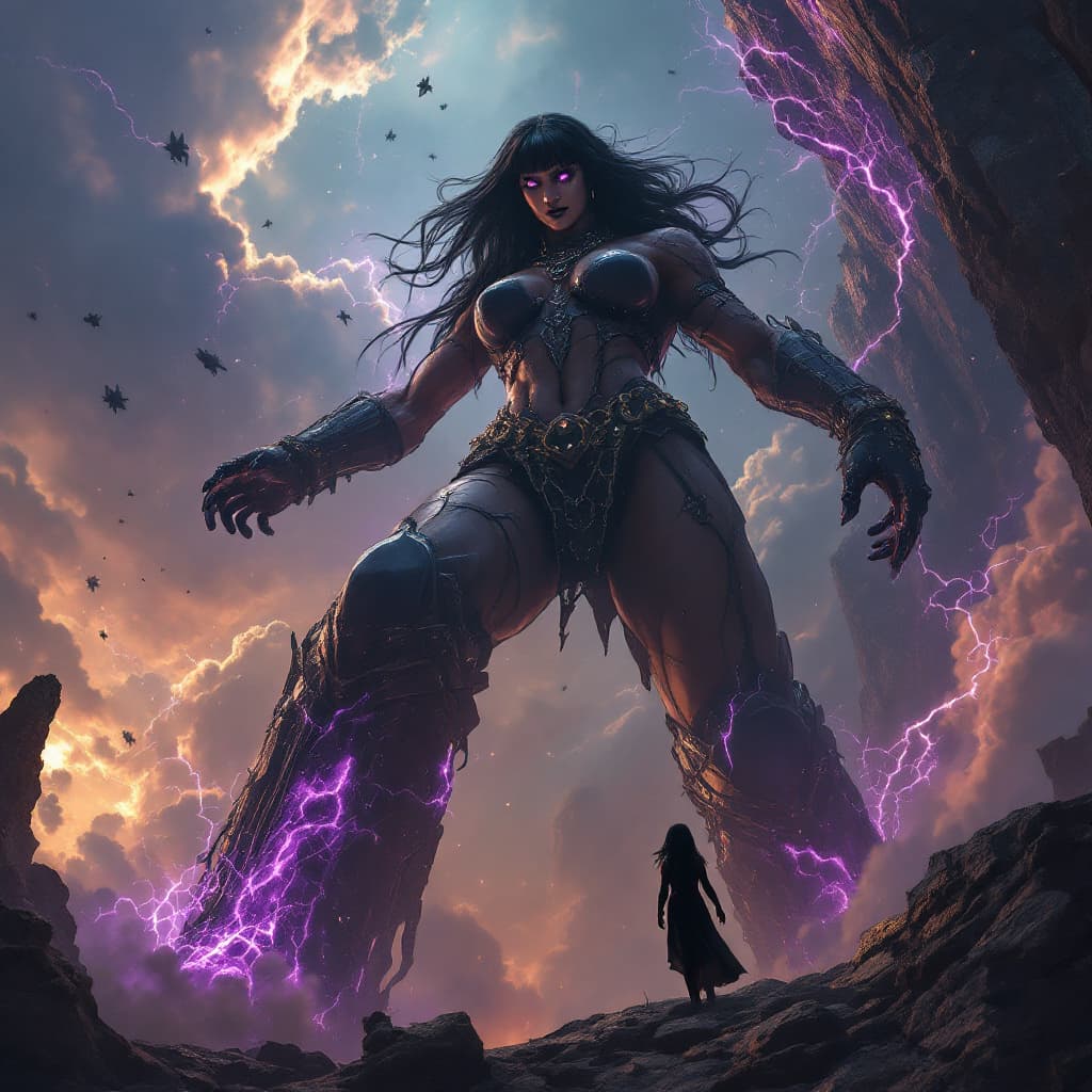 AI generated: enormous giantess female Rhea Ripley from WWE with black medium length hair and straight bangs, bigg...