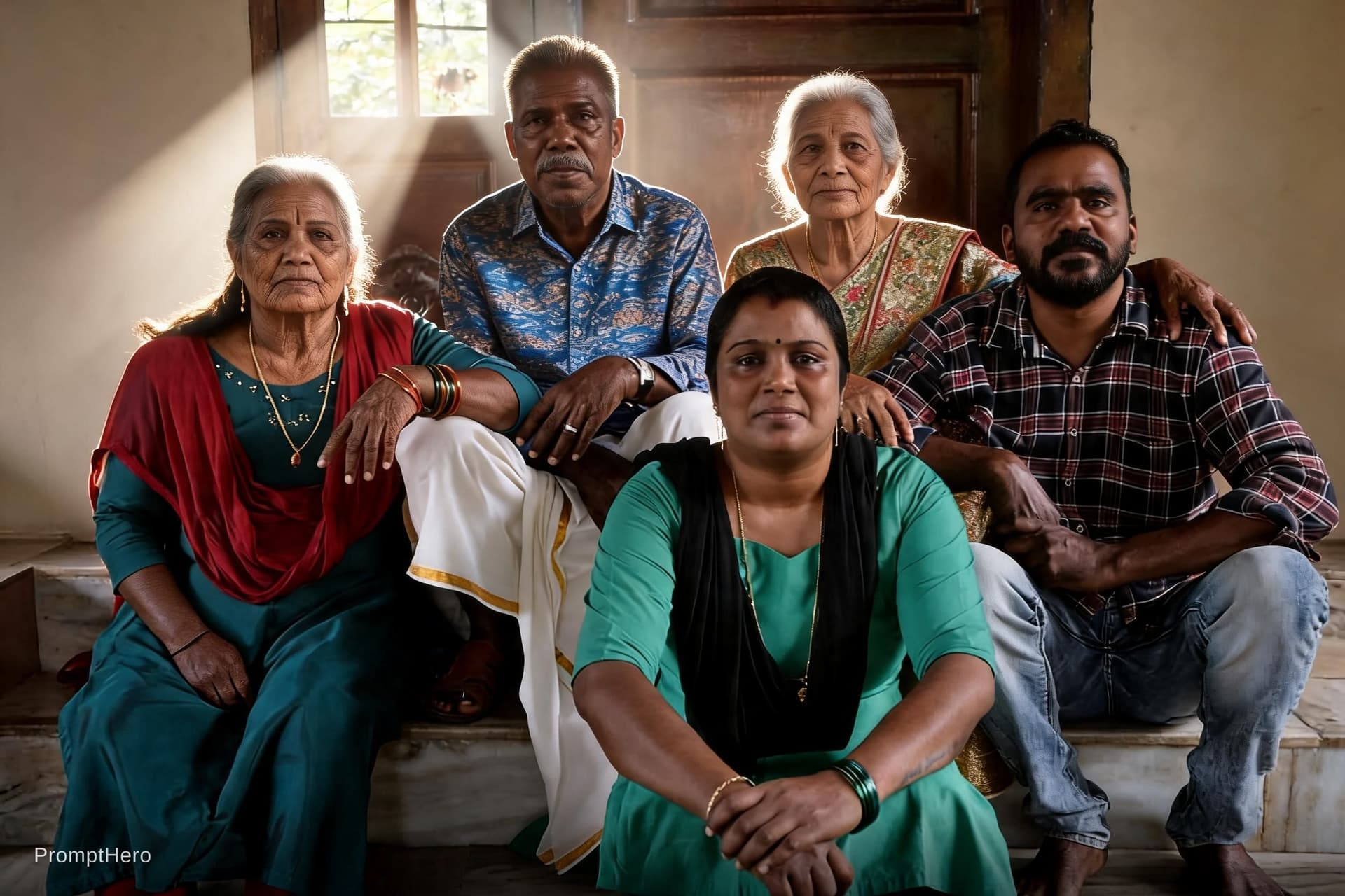 AI generated: Indonesian family photo, 50 year old father, 80 year old mother, 70 year old daughter, 52year old da...