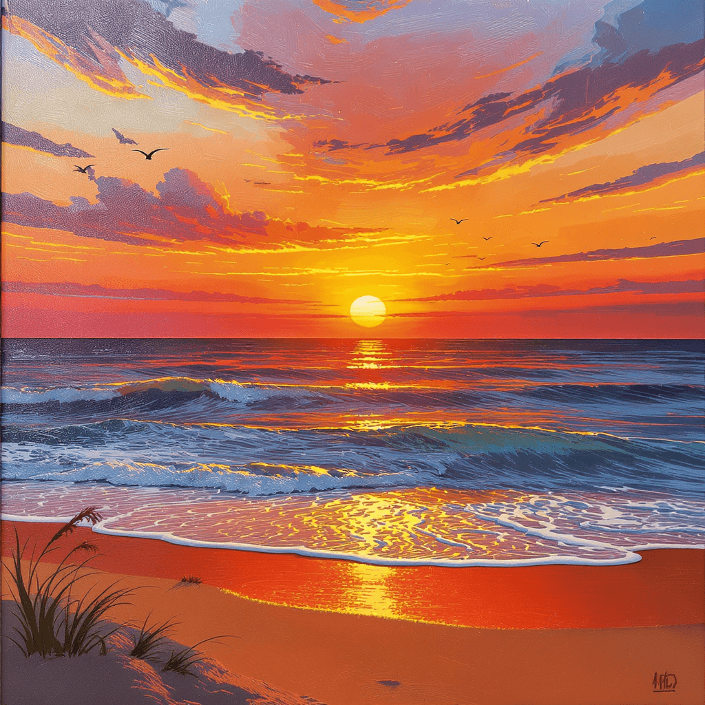 AI generated: dessin animée  et effet peinture au pinceaux acrylique bord d'une plage. En arrière-plan, un magnifi...