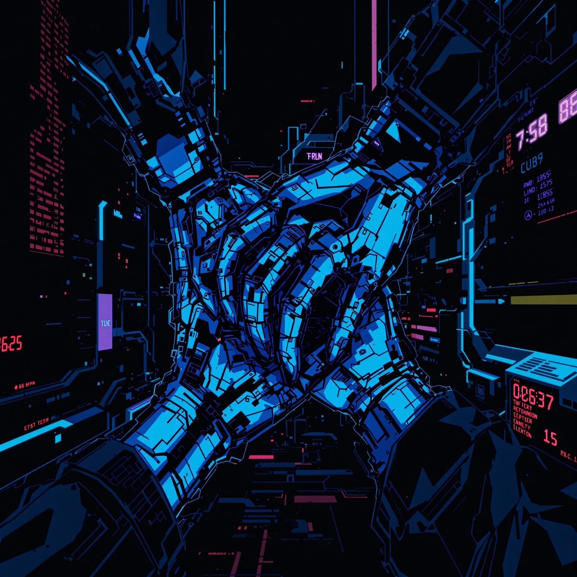 AI generated: blue hands tight together, anime, cyberpunk, style on black bacground,