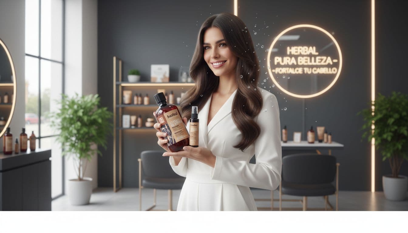 AI generated: using the face of the input image create an image of a woman of promoting beauty hair products in a ...