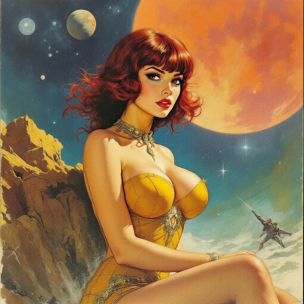 AI generated: rank Frazetta sketch of Vintage science fiction paperback poster, (dark red hair, Latina, bangs) cle...