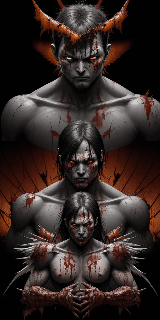 AI generated: 4d Overlay Japanese COMIC type. A 16k LANDSCAPE poster of a random evil vanquished superhero, demon ...