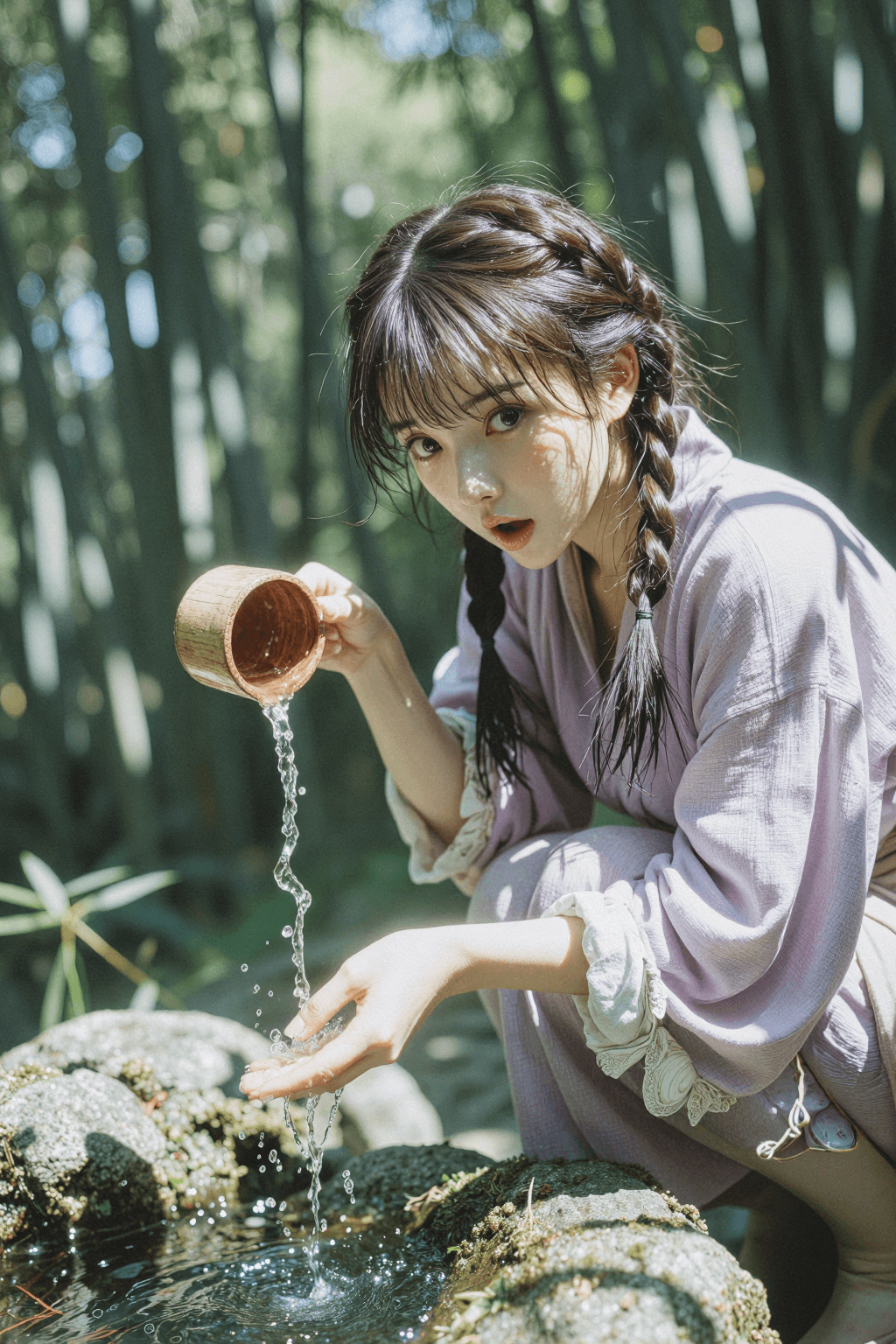 AI generated: Bamboo Forest Spring (Surprised & Whimsical)
a. Shooting Angle: Candid-style tilted "Dutch Angle" sh...