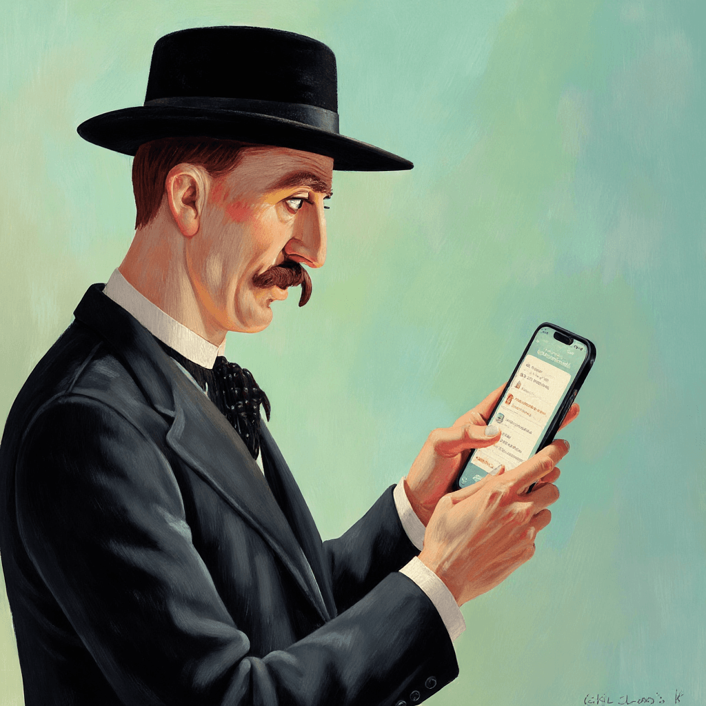AI generated: The character wearing the top hat in this artwork scrolling on a mobile phone. Retain the style and ...