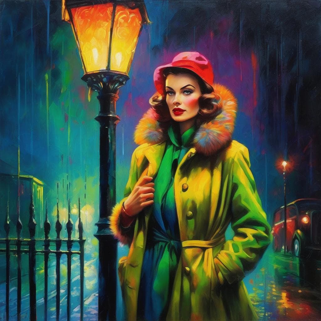 AI generated: A lady wearing furs stands under the street lamp, in the style of Picasso and Hopper, oil painting, ...