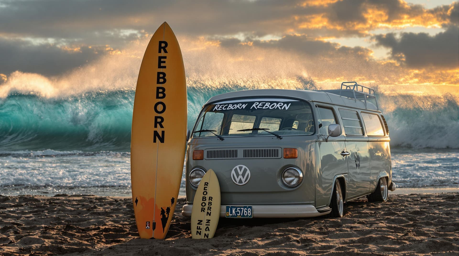 AI generated: A highly detailed ultra high definition pro photo of a two surfboards standing in the sand next to a...