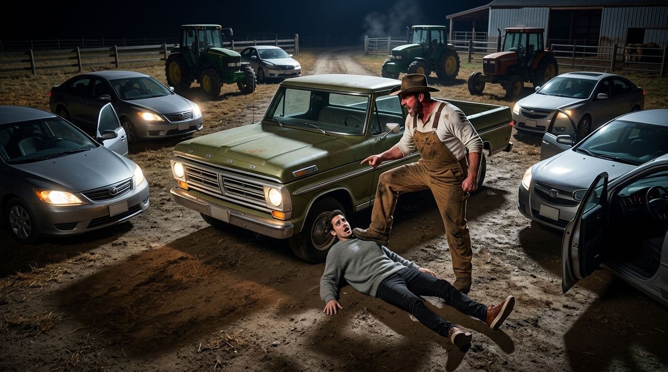 AI generated: In an Autumn night at a ranch. The large vintage olive green Ford pick up truck is parked between ni...