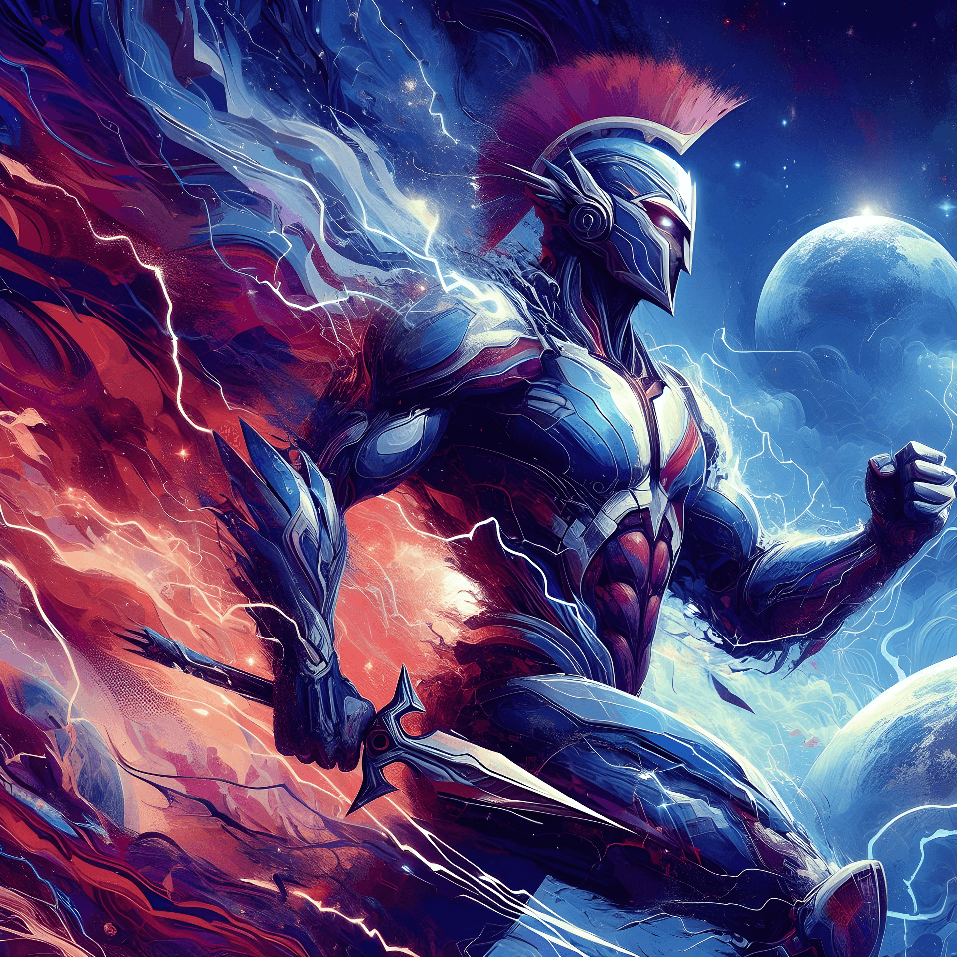 AI generated: thunder Spartan, Digital painting, Digital medium, Contemporary era, Predominantly blue and purple h...