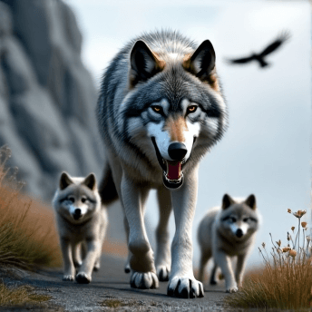AI generated: She wolf and pups walking along a cliff path with eagle soaring in the sky