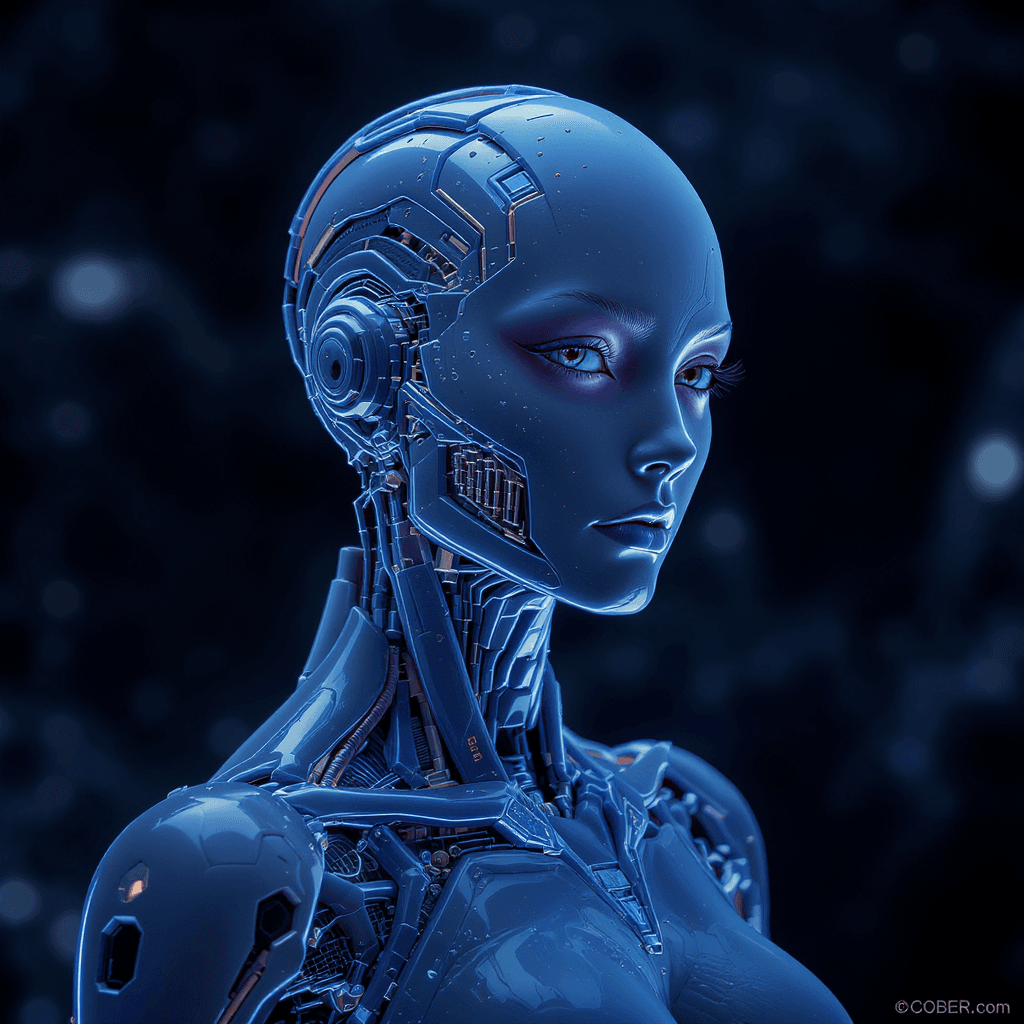AI generated: A ferrofluid female cyborg with an alien looking background
