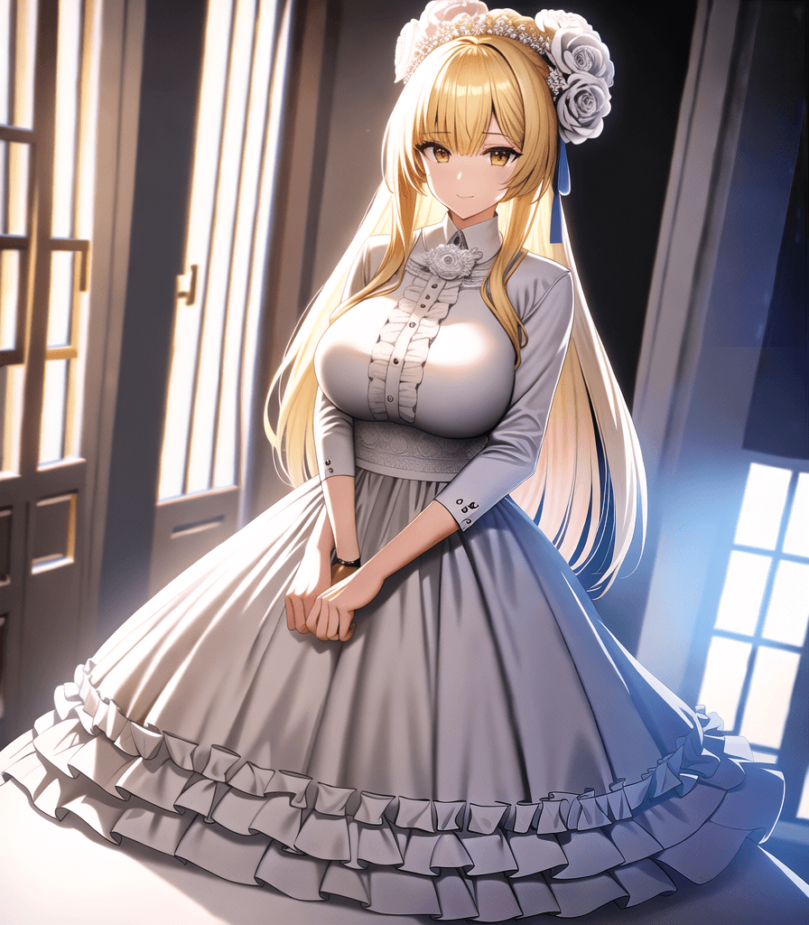 AI generated: perfect anime illustration, 1girl, sidecut, blonde hair, (white wedding dress), brown eyes, wedding,...