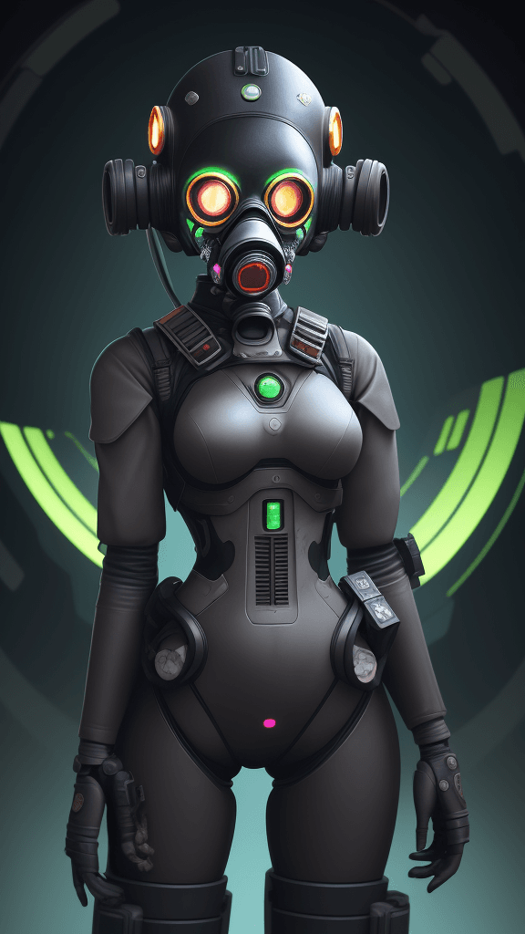AI generated: complex background portrait of little comlex Android woman. Wearing a gas mask. Prominent eyes, comp...