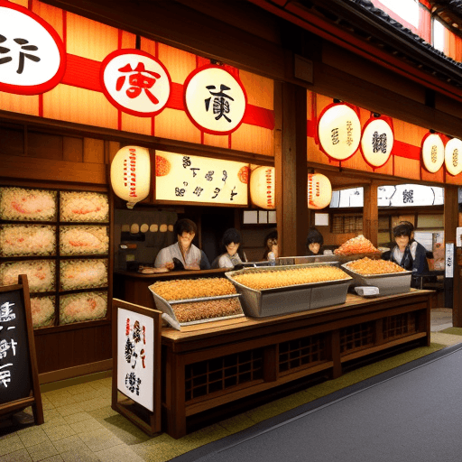 AI generated: a sushi shop in an authentic market in japan