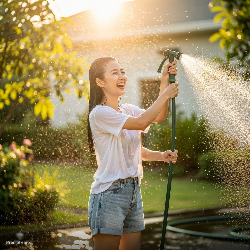 AI generated: A vertical ultra-realistic masterpiece photograph of a joyful East Asian woman with long wet black h...