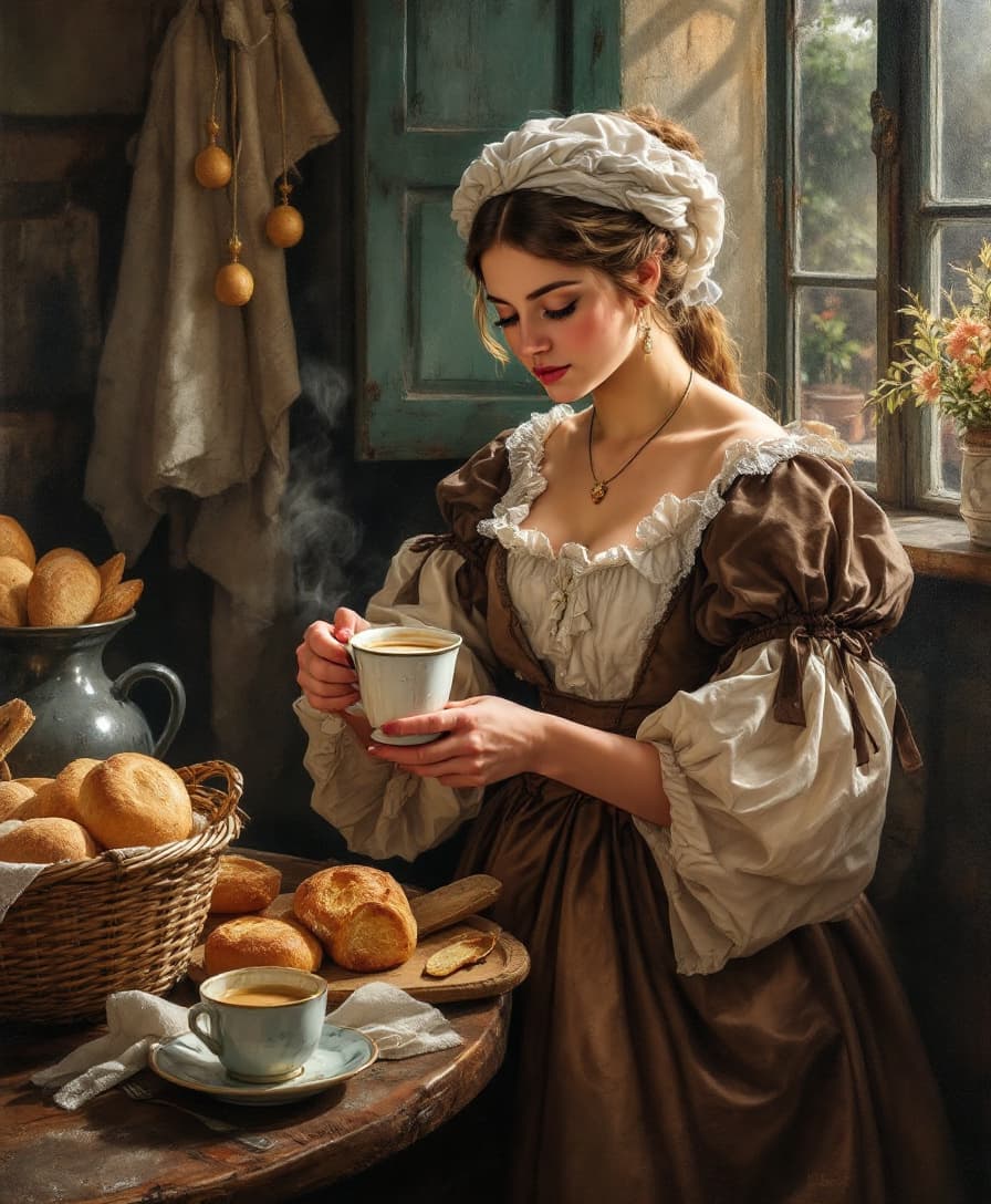 AI generated: Uma pintura em estilo barroco holandês de uma jovem leiteira em roupas tradicionais do século XVII, ...