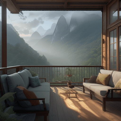 AI generated: there is a small house with a patio and a couch on the porch, integrated in the mountains, by Etienn...