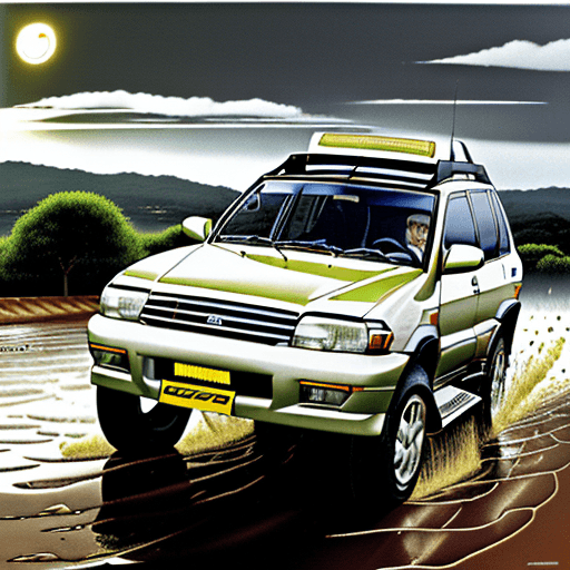 AI generated: carro tt, mitsubushi, pajero glx 2800, 1998, pneus largos, panorama africa, nascer do sol pálido, di...