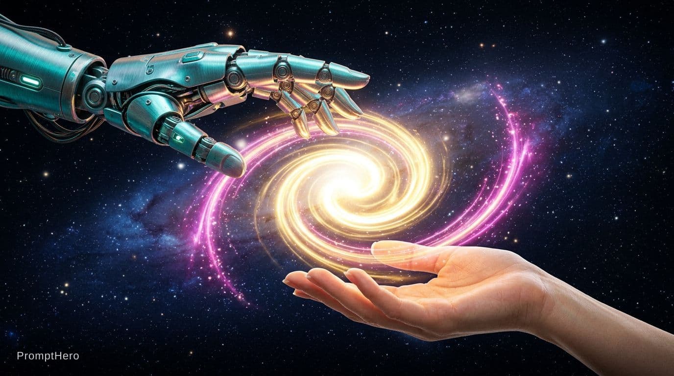 AI generated: 2 Hands. Hand 1: Robot hand, colour turquois metal, relaxed open palm downward. Hand 2: Human, femal...