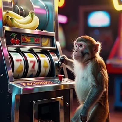 AI generated video: 원숭이가 오락실 파친코을 돌리는데 기계에서 777당첨이된다 기계에서 우수수 바나나가 쏟아진다