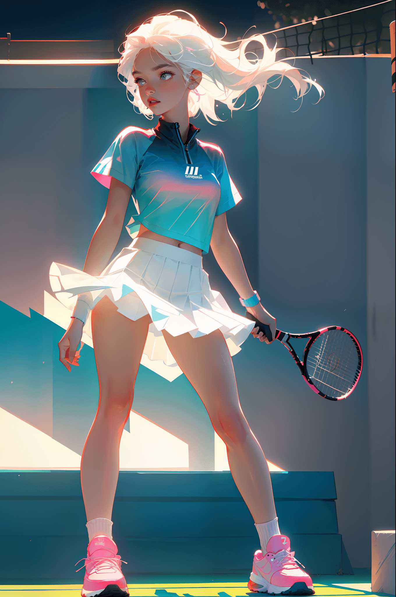 AI generated: Highest quality, perfect masterpiece, perfect art, 8K, (young and energetic girl, tennis, wearing pi...