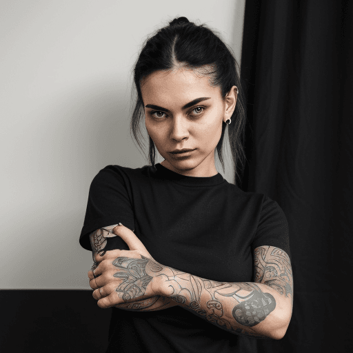 AI generated: a woman in black shirt with her arms folded against , in the style of tattoo, normcore, dark silver ...