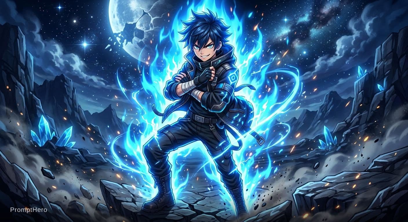AI generated: Anime image a boy looking attitude is Aura glowing in blue colour