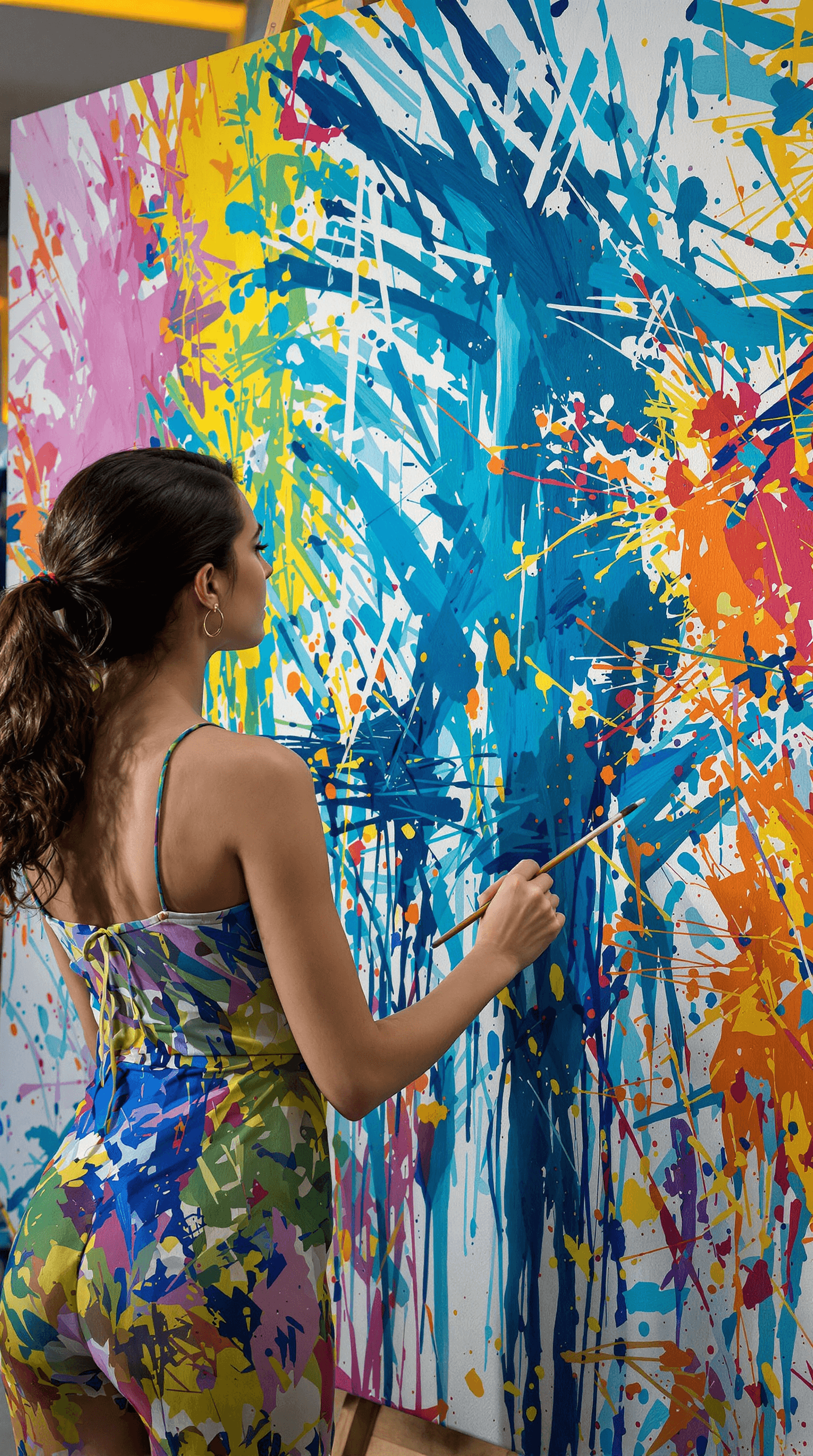 AI generated: A pretty woman, defined by her creative energy, stands before a canvas where paint seems to move and...