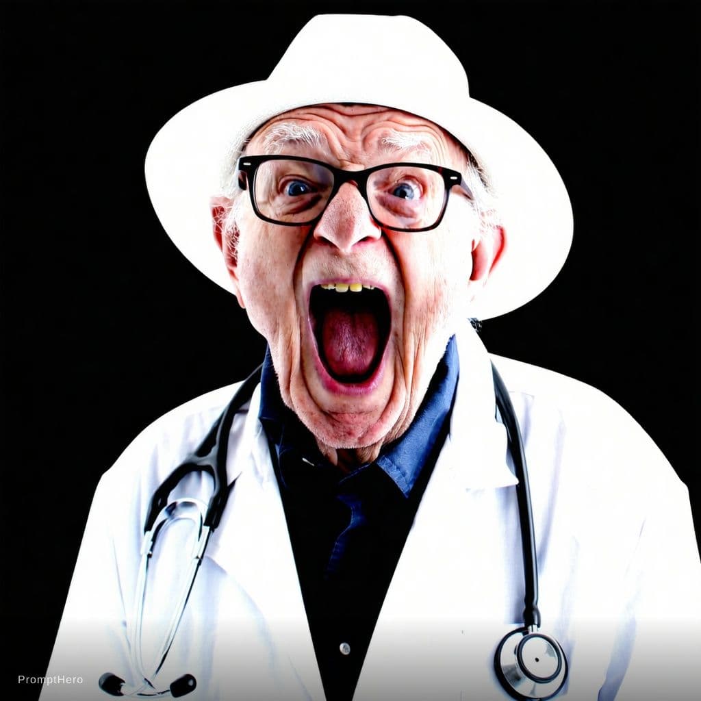 AI generated: The image features an older man wearing a white hat and a white coat, with a stethoscope around his ...