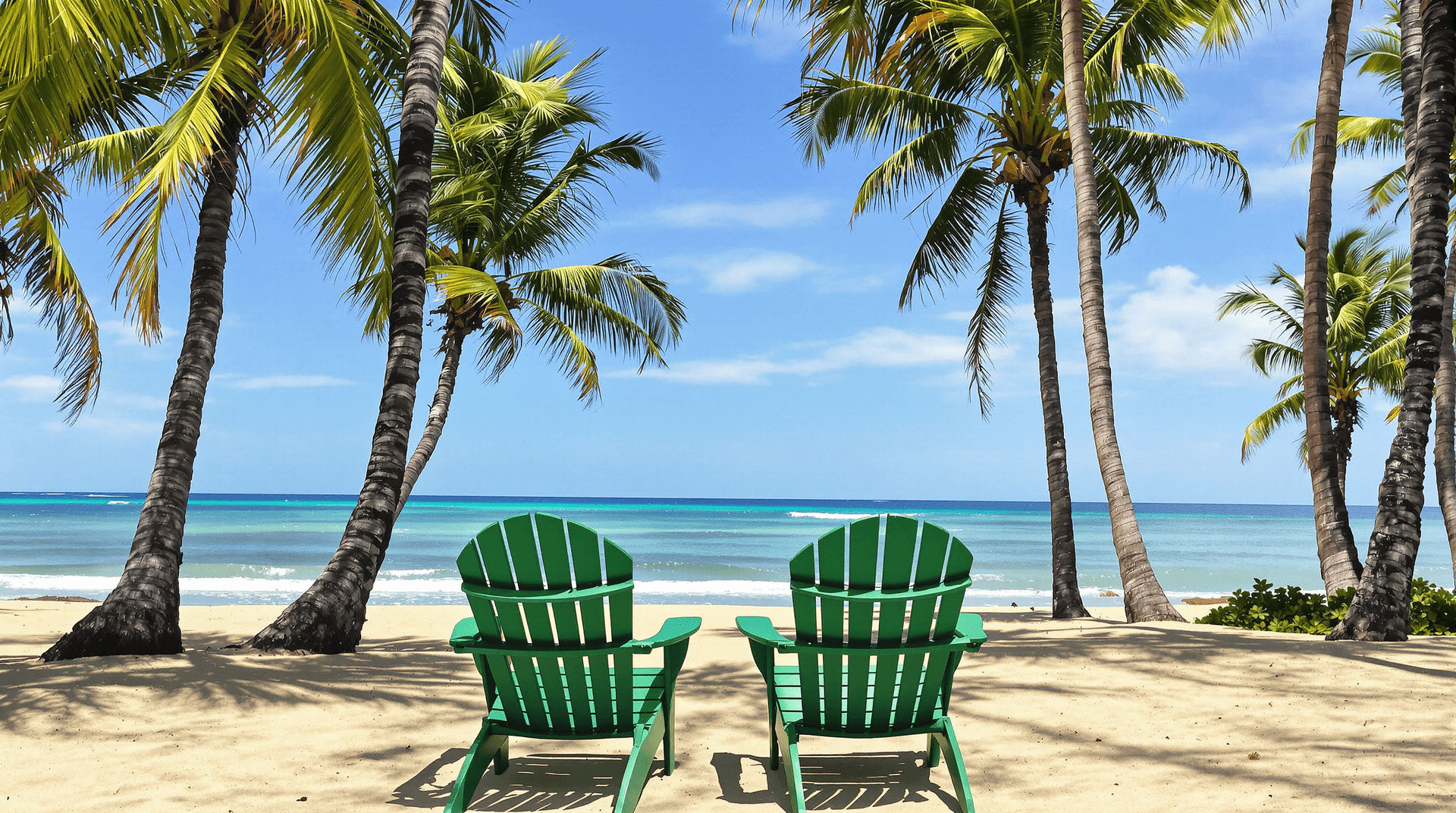 AI generated: Photograph of a tropical beach scene with two green Adirondack chairs facing the ocean, positioned o...