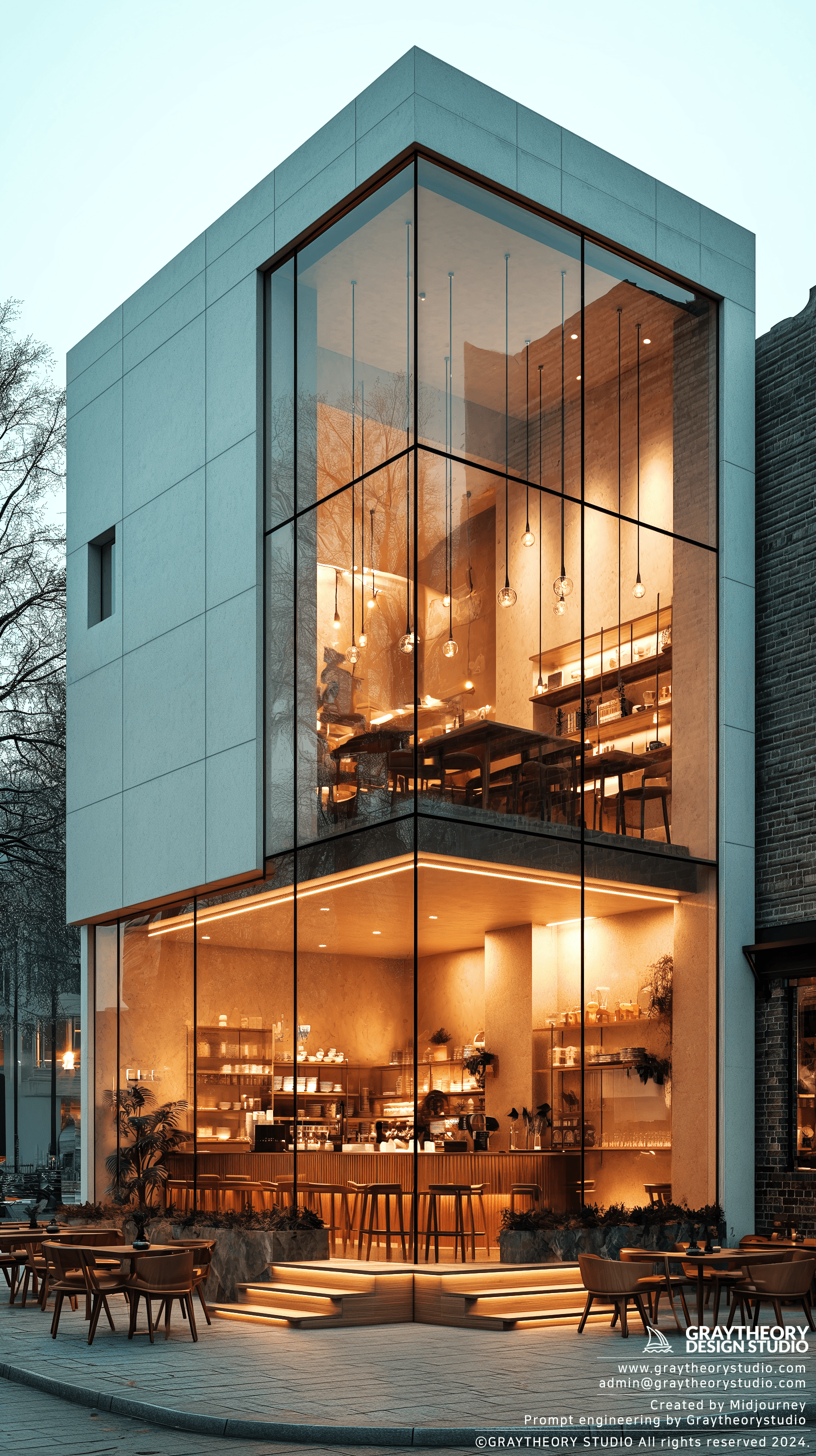 AI generated: café facade with a matt white glass, shot with a Canon EOS R, 28mm f/1.8 lens, capturing the crisp m...