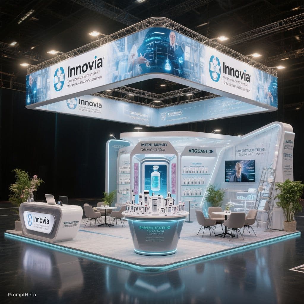 AI generated: an open-layout exhibition booth for the medical company 'Innova,' featuring a central product displa...