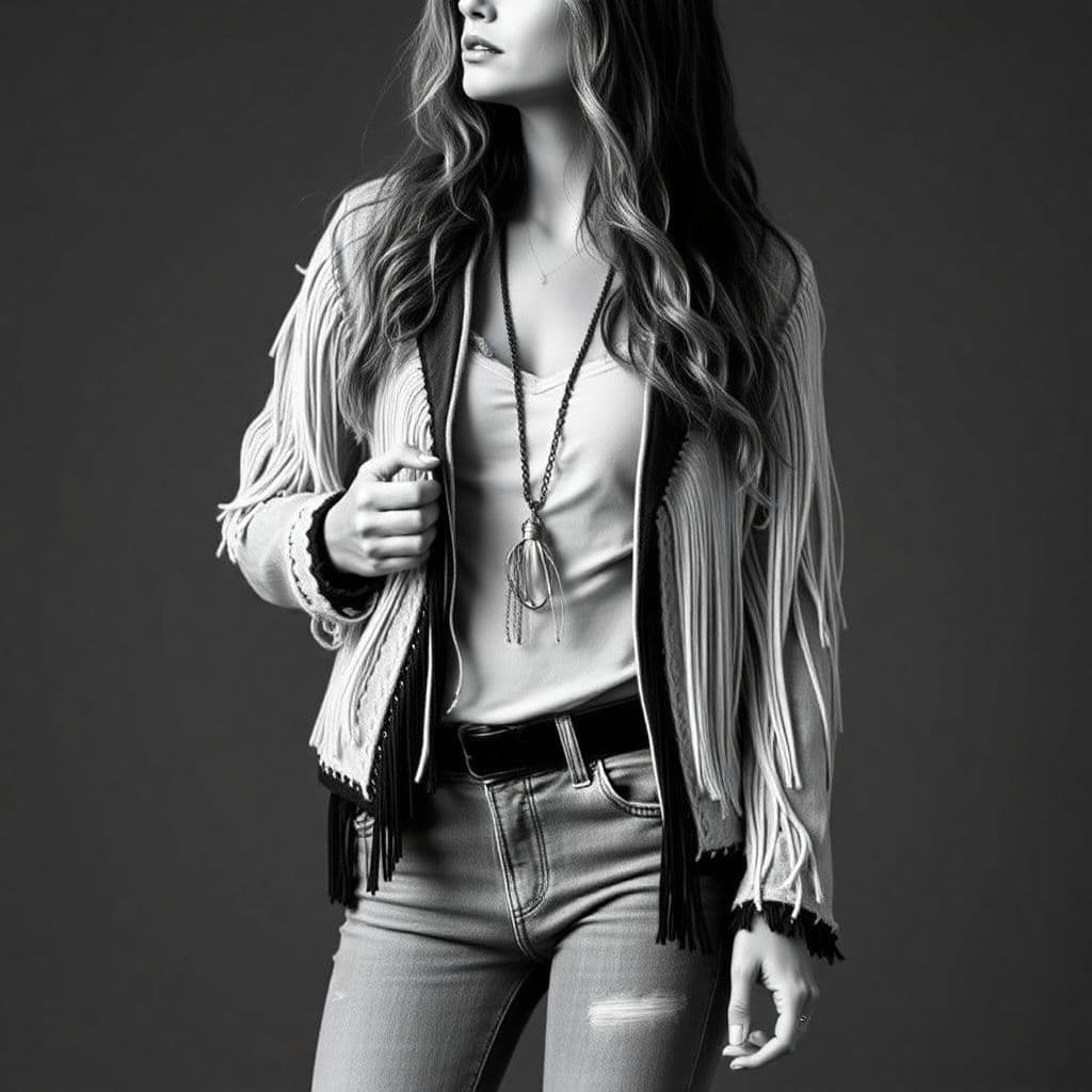 AI generated: ubsurdres detail  black and white  style stipulated beautiful hippy women wearing a fringe jacket an...
